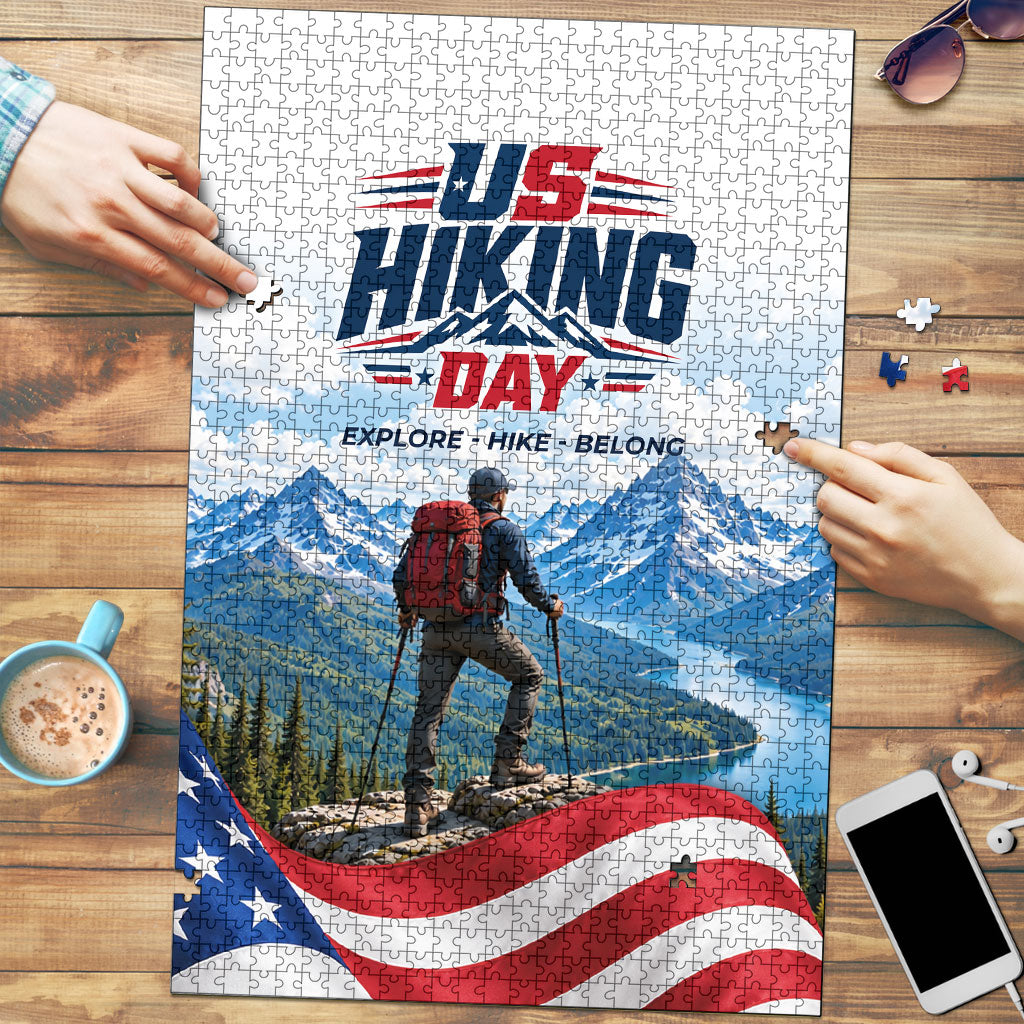 US Hiking Day Puzzle Mountain Hiker American Flag Outdoor Adventure