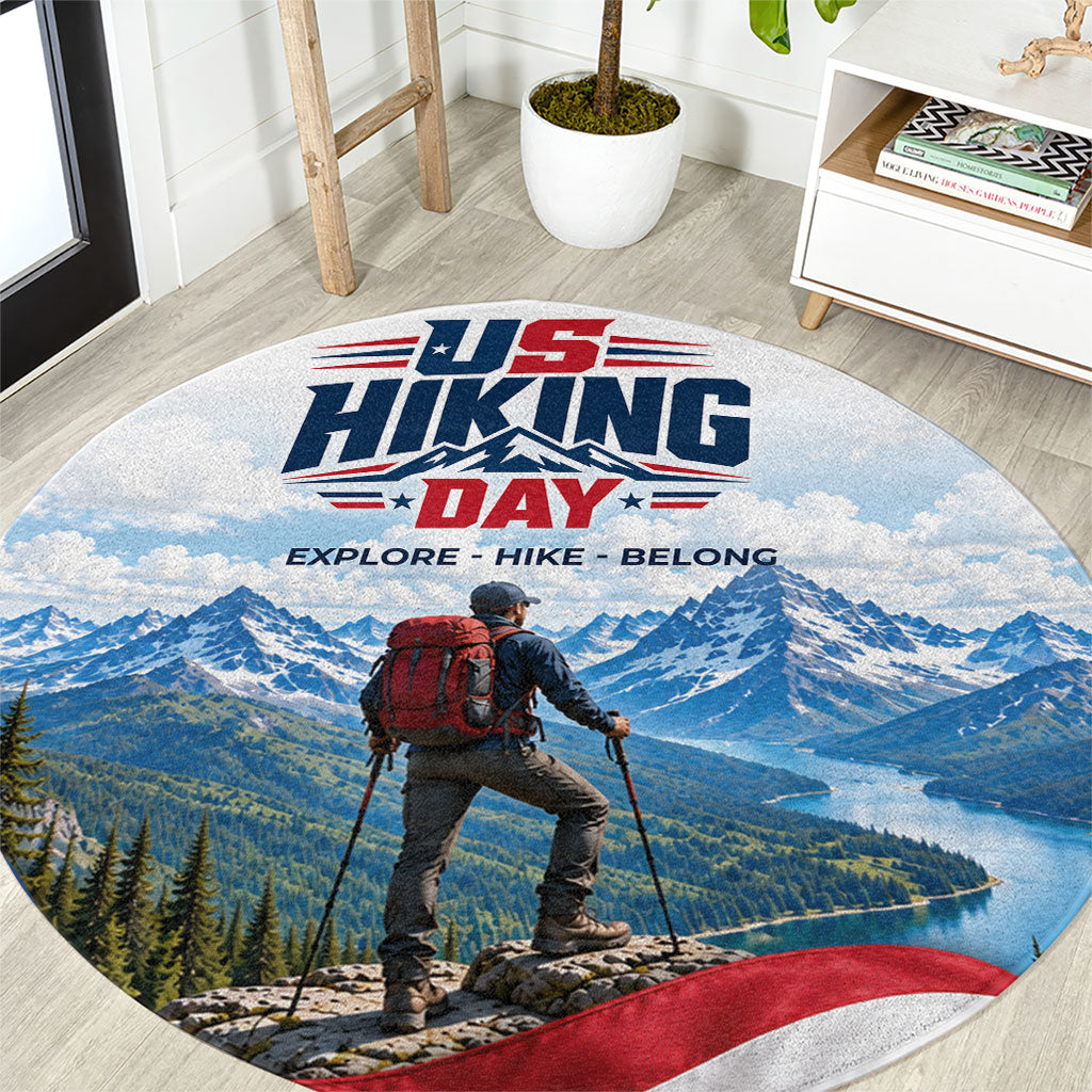 US Hiking Day Round Carpet Mountain Hiker American Flag Outdoor Adventure