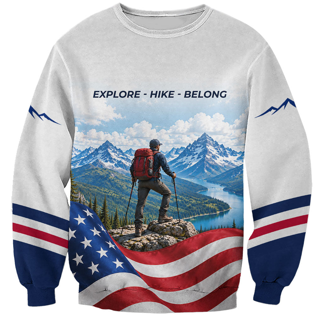 US Hiking Day Sweatshirt Mountain Hiker American Flag Outdoor Adventure