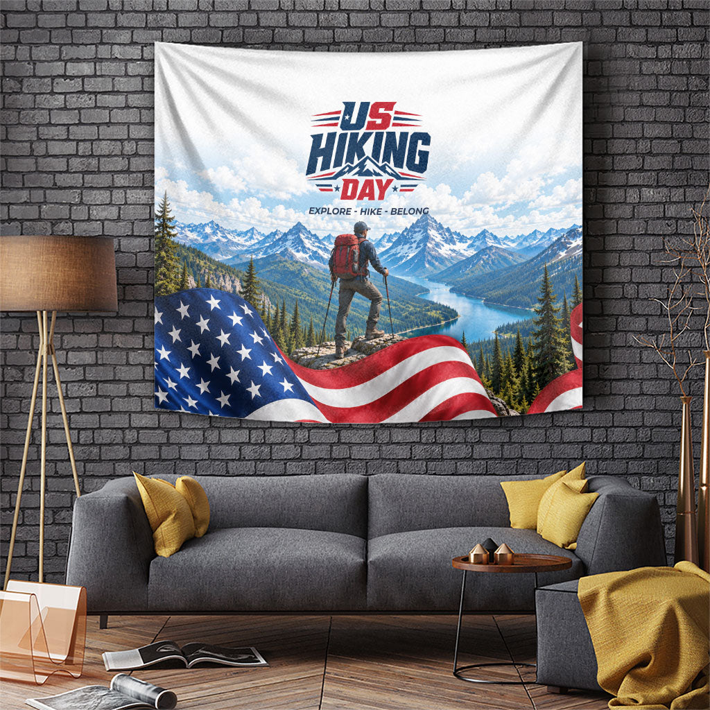 US Hiking Day Tapestry Mountain Hiker American Flag Outdoor Adventure