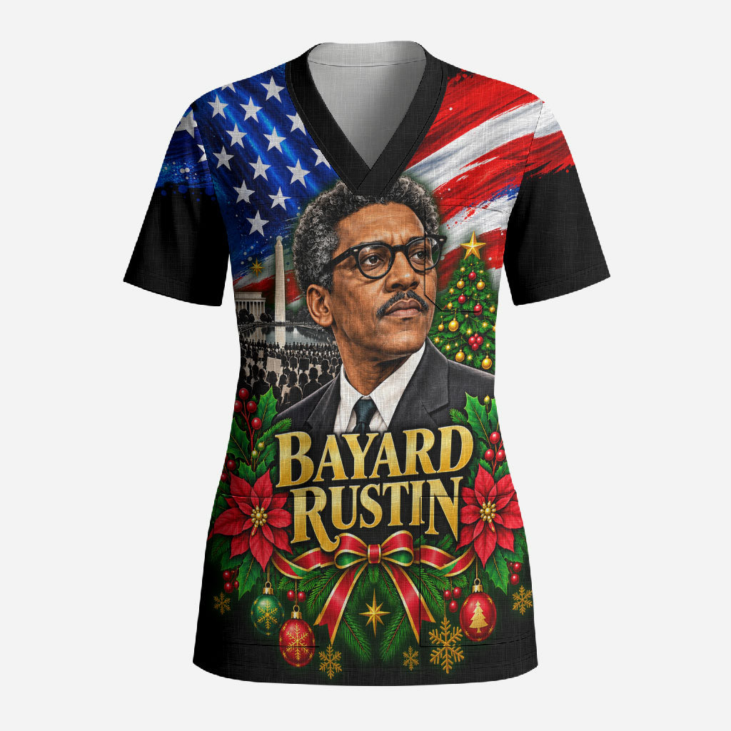 Bayard Rustin American Flag Christmas Scrub Top Civil Rights Leader March On Washington Holiday