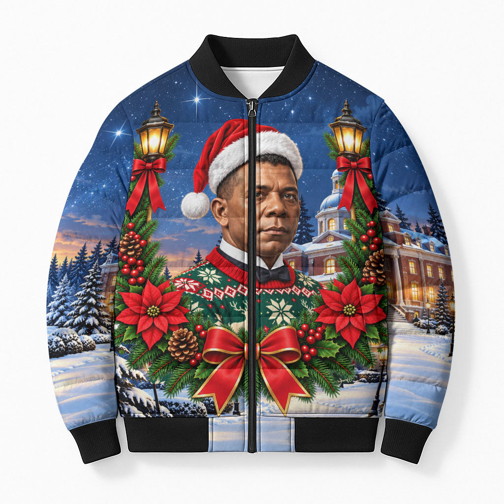 Booker T. Washington Christmas Bomber Puffer Jacket Ugly Christmas Pattern Starry Winter Night