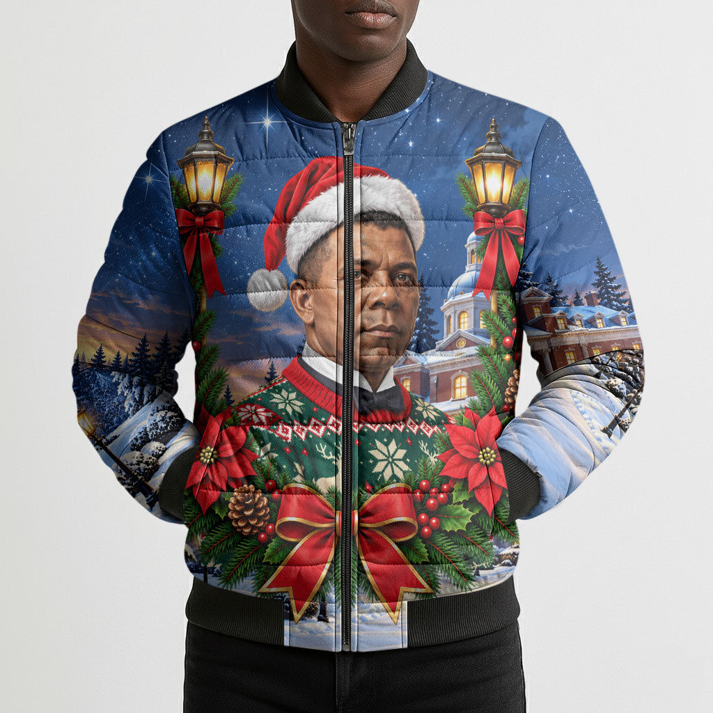 Booker T. Washington Christmas Bomber Puffer Jacket Ugly Christmas Pattern Starry Winter Night