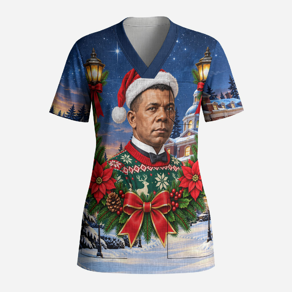 Booker T. Washington Christmas Scrub Top Ugly Christmas Pattern Starry Winter Night