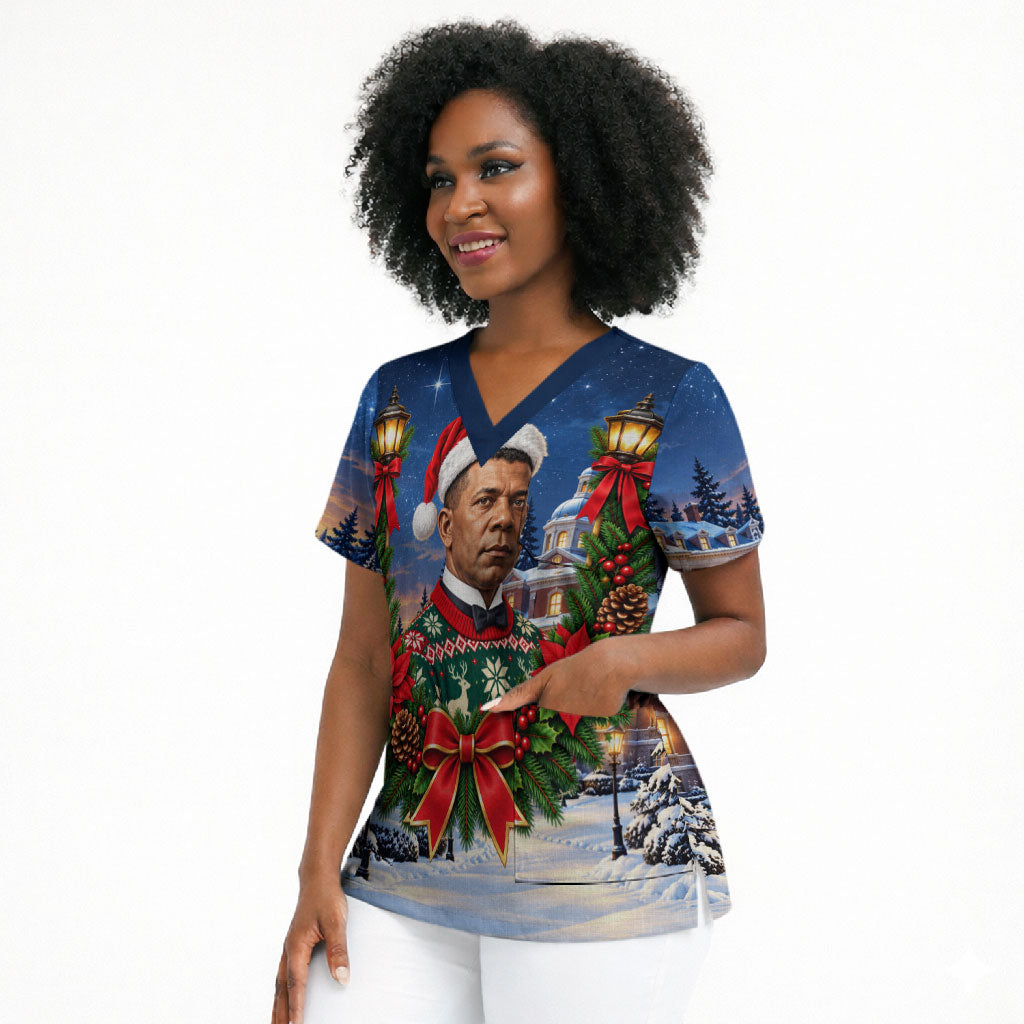 Booker T. Washington Christmas Scrub Top Ugly Christmas Pattern Starry Winter Night