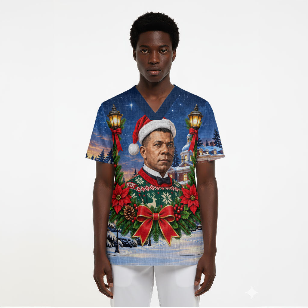 Booker T. Washington Christmas Scrub Top Ugly Christmas Pattern Starry Winter Night