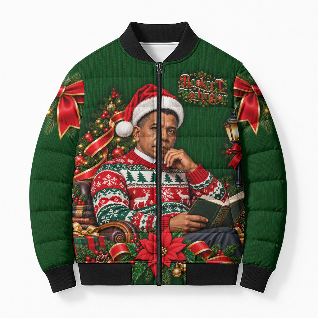 Booker T. Washington Christmas Bomber Puffer Jacket Ugly Christmas Pattern Vintage Holiday