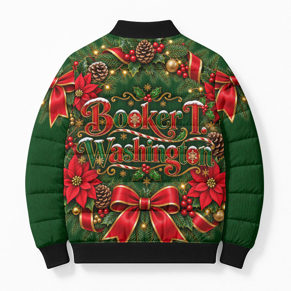 Booker T. Washington Christmas Bomber Puffer Jacket Ugly Christmas Pattern Vintage Holiday