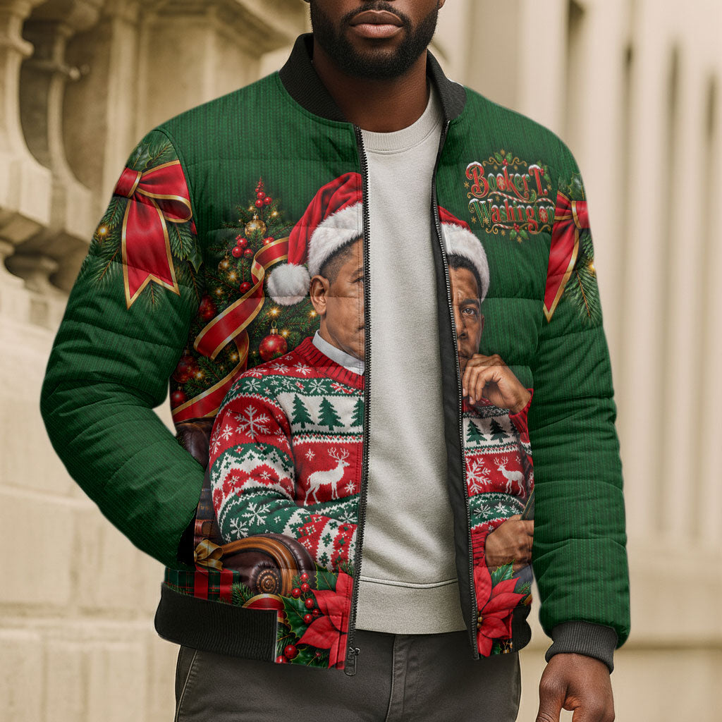 Booker T. Washington Christmas Bomber Puffer Jacket Ugly Christmas Pattern Vintage Holiday