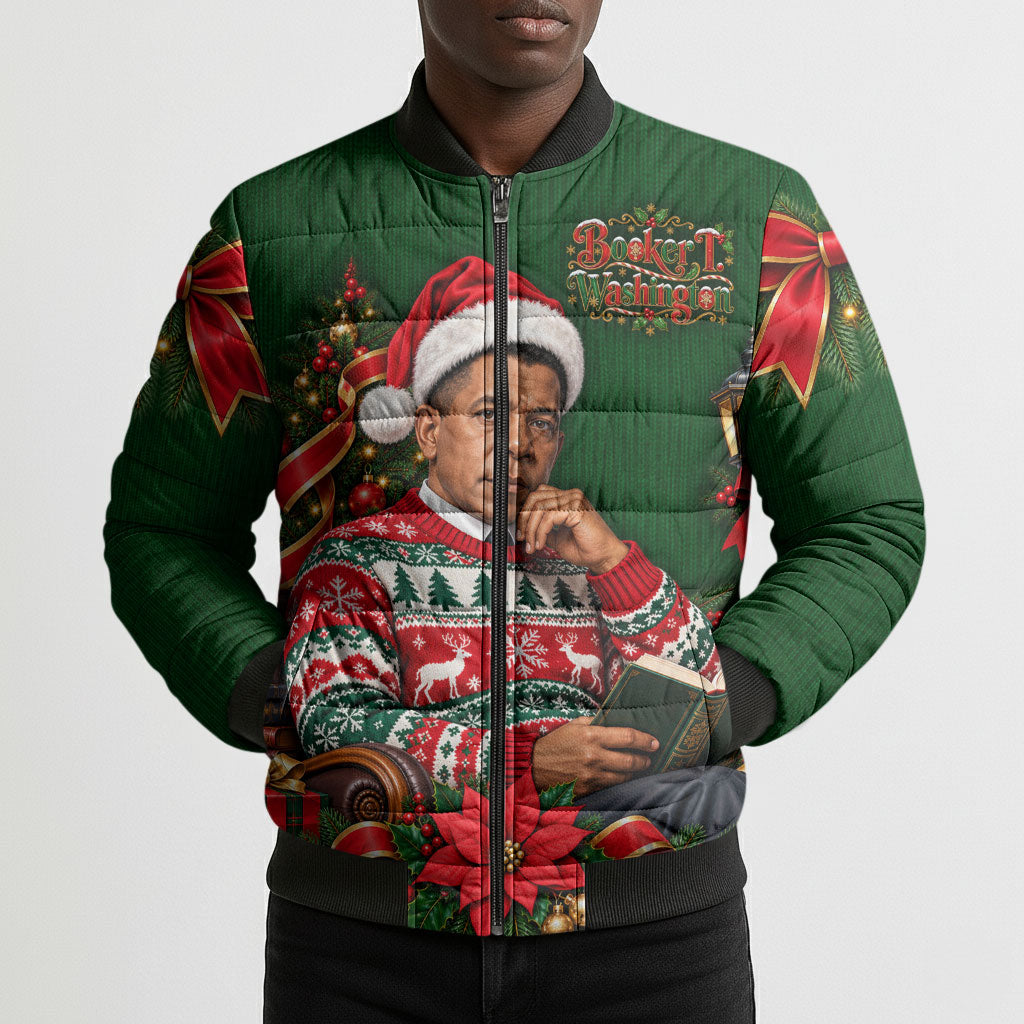 Booker T. Washington Christmas Bomber Puffer Jacket Ugly Christmas Pattern Vintage Holiday