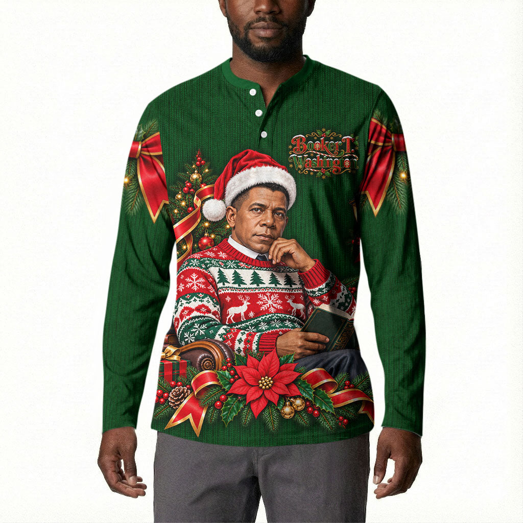 Booker T. Washington Christmas Button Sweatshirt Ugly Christmas Pattern Vintage Holiday