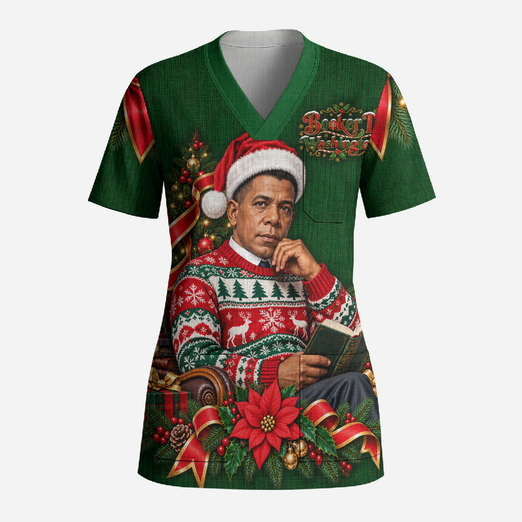 Booker T. Washington Christmas Scrub Top Ugly Christmas Pattern Vintage Holiday