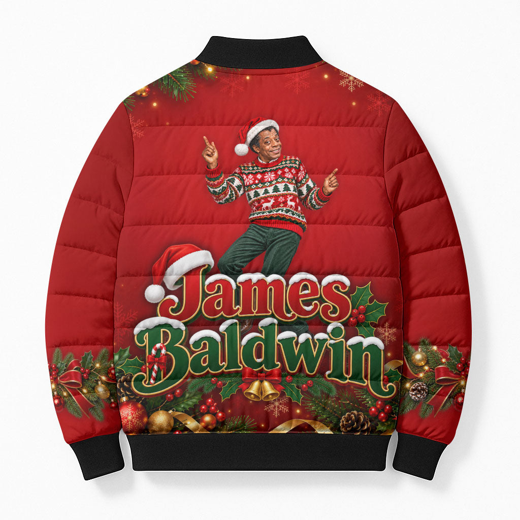James Baldwin Christmas Bomber Puffer Jacket Ugly Christmas Pattern Vintage Holiday