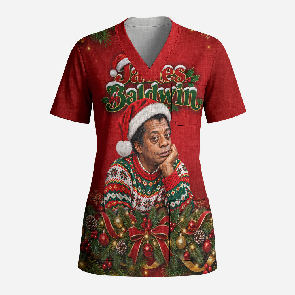 James Baldwin Christmas Scrub Top Ugly Christmas Pattern Vintage Holiday