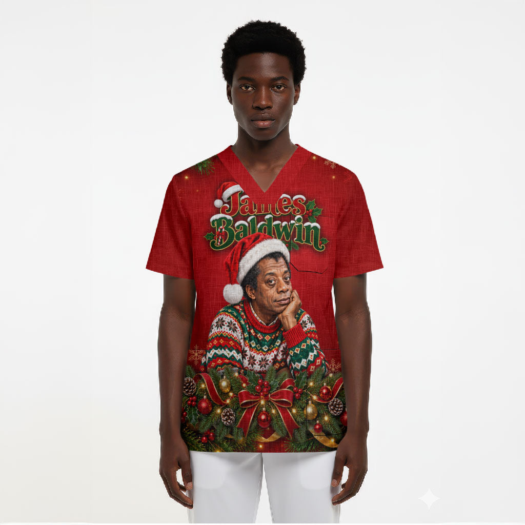 James Baldwin Christmas Scrub Top Ugly Christmas Pattern Vintage Holiday
