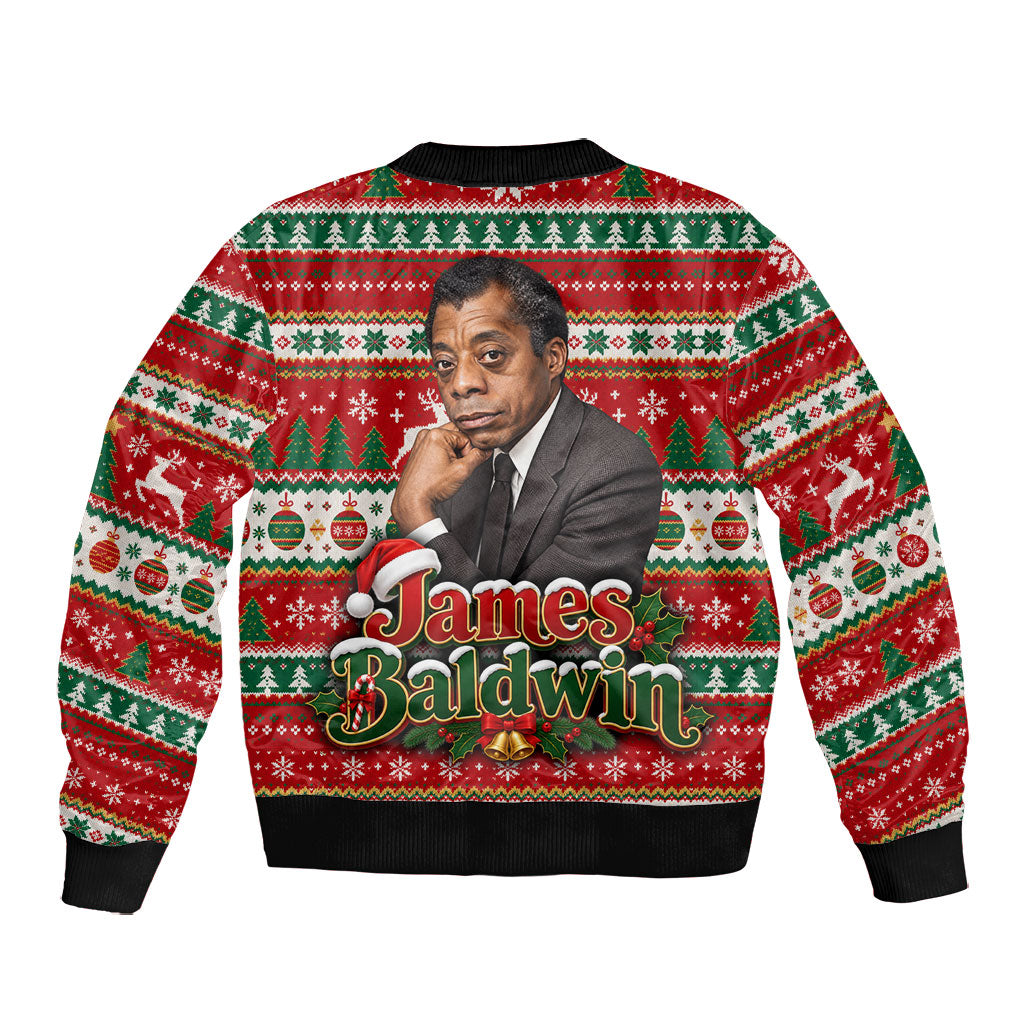 James Baldwin Christmas Bomber Jacket African American Author Ugly Christmas Pattern Retro