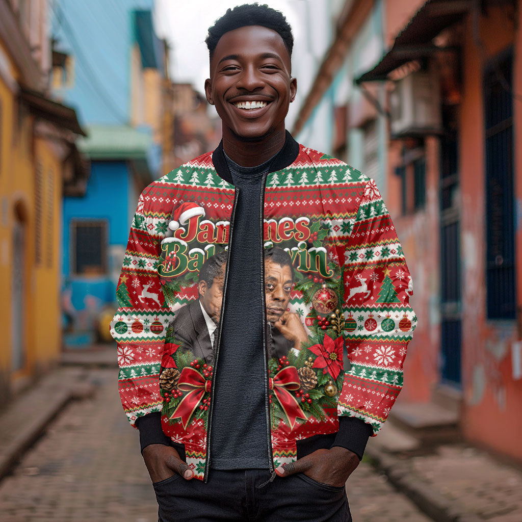 James Baldwin Christmas Bomber Jacket African American Author Ugly Christmas Pattern Retro