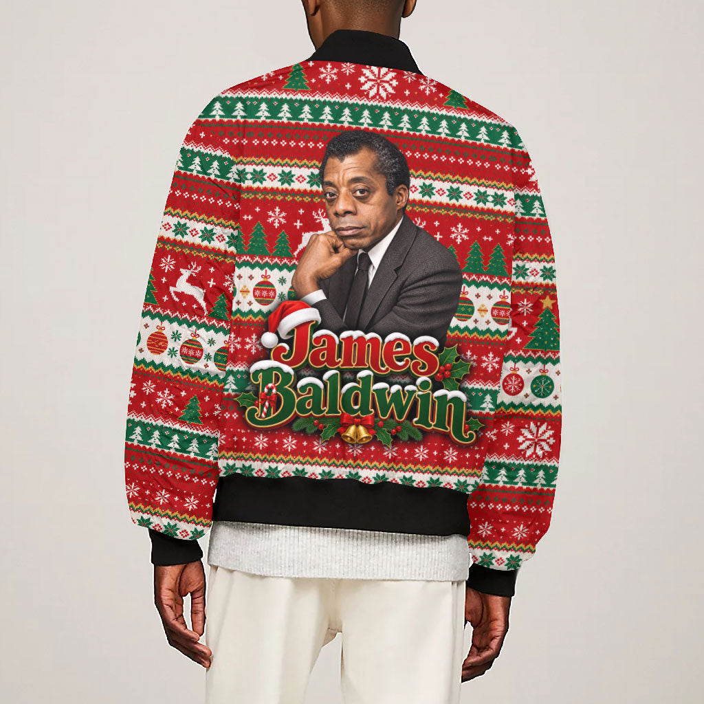 James Baldwin Christmas Bomber Jacket African American Author Ugly Christmas Pattern Retro