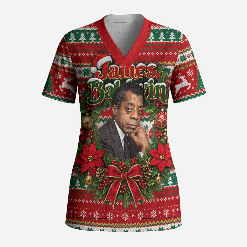 James Baldwin Christmas Scrub Top African American Author Ugly Christmas Pattern Retro