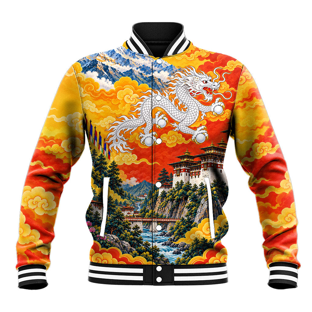 Bhutan National Day Thunder Dragon Baseball Jacket Traditional Himalayan Architecture
