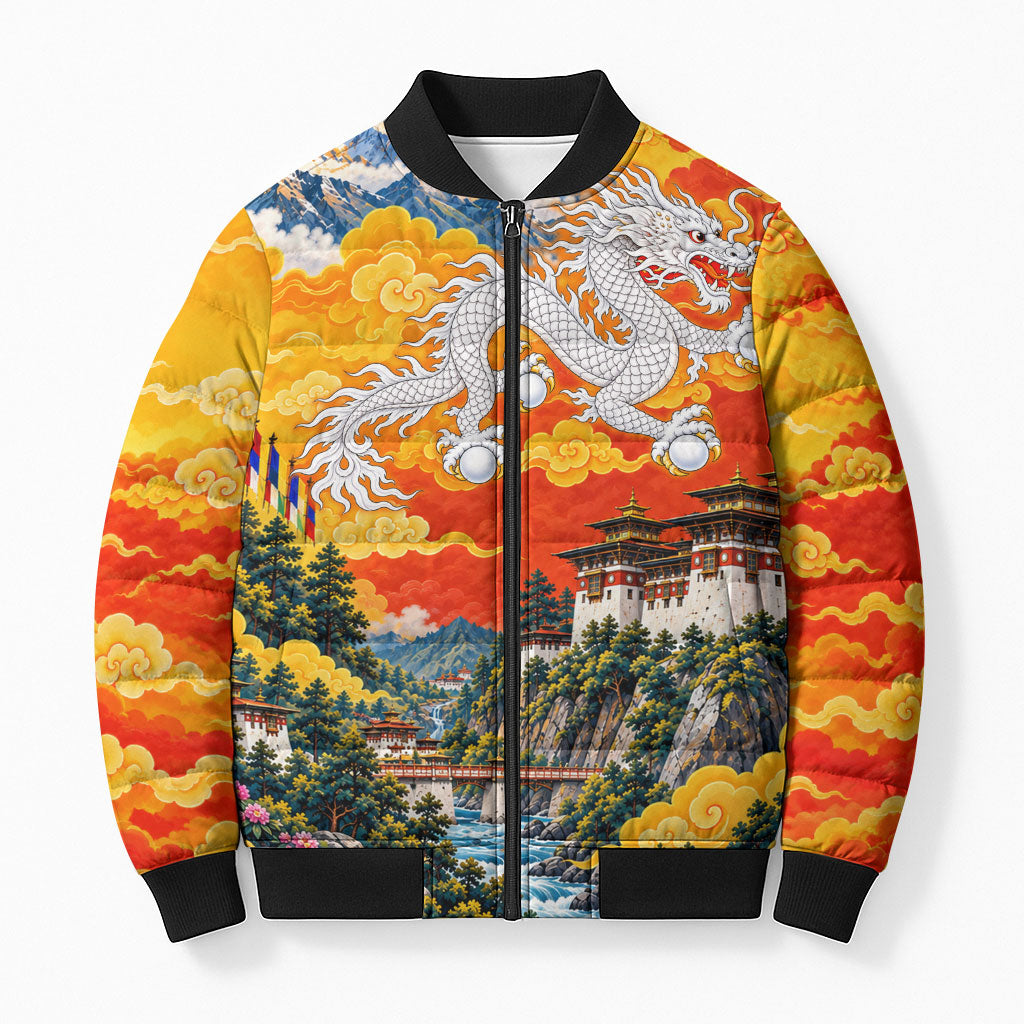 Bhutan National Day Thunder Dragon Bomber Puffer Jacket Traditional Himalayan Architecture