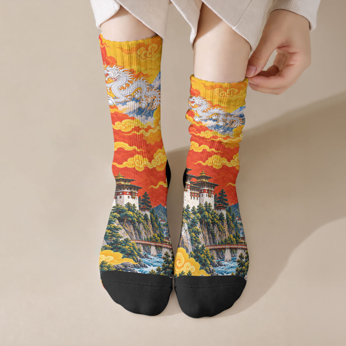 Bhutan National Day Thunder Dragon Crew Socks Traditional Himalayan Architecture