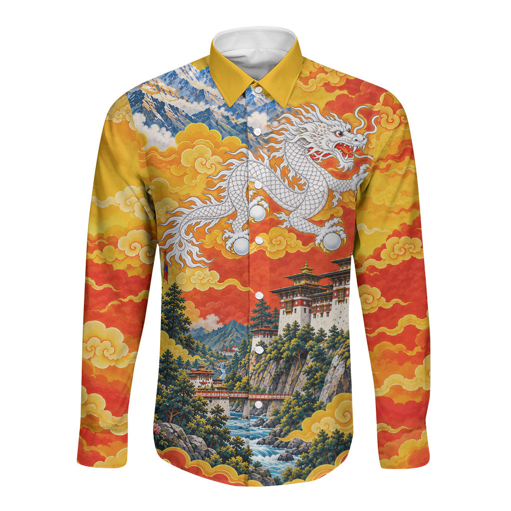Bhutan National Day Thunder Dragon Long Sleeve Button Shirt Traditional Himalayan Architecture