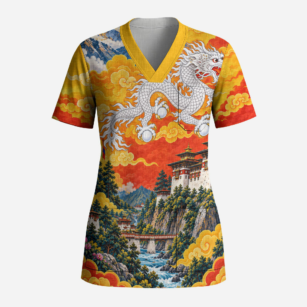 Bhutan National Day Thunder Dragon Scrub Top Traditional Himalayan Architecture