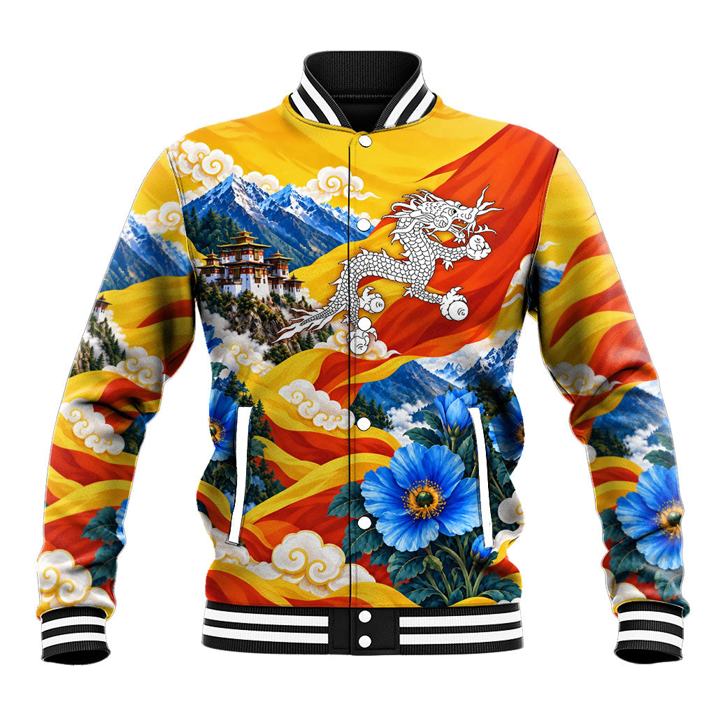 Bhutan National Day Thunder Dragon Baseball Jacket Himalayan Blue Poppy Traditional Art