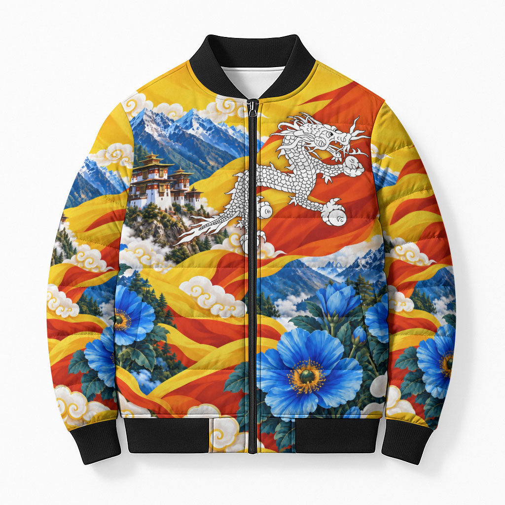 Bhutan National Day Thunder Dragon Bomber Puffer Jacket Himalayan Blue Poppy Traditional Art