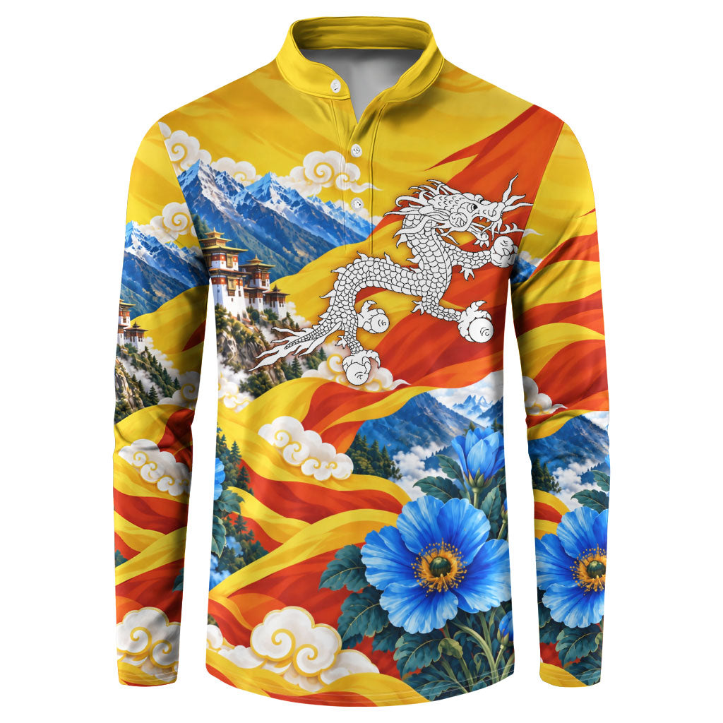 Bhutan National Day Thunder Dragon Button Sweatshirt Himalayan Blue Poppy Traditional Art