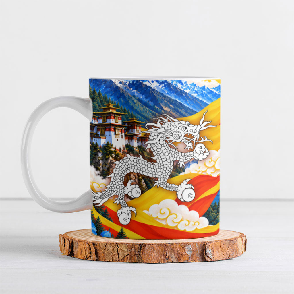 Bhutan National Day Thunder Dragon Ceramic Mug Himalayan Blue Poppy Traditional Art