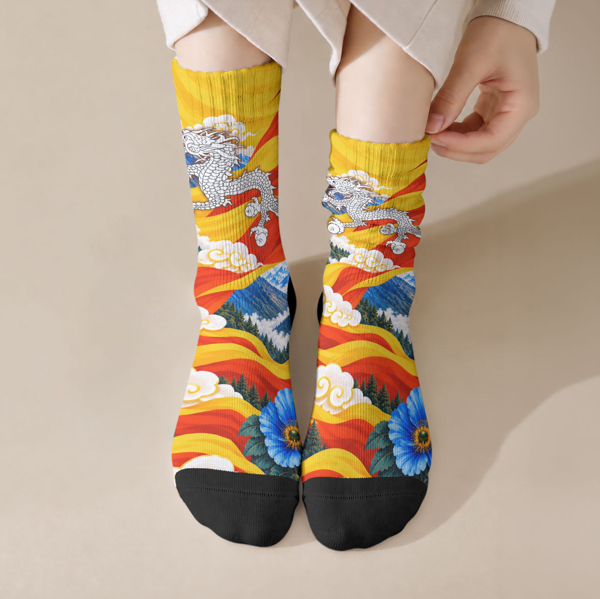 Bhutan National Day Thunder Dragon Crew Socks Himalayan Blue Poppy Traditional Art