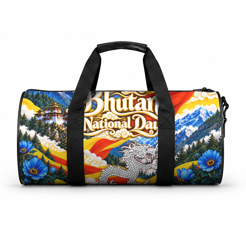 Bhutan National Day Thunder Dragon Duffle Bag Himalayan Blue Poppy Traditional Art