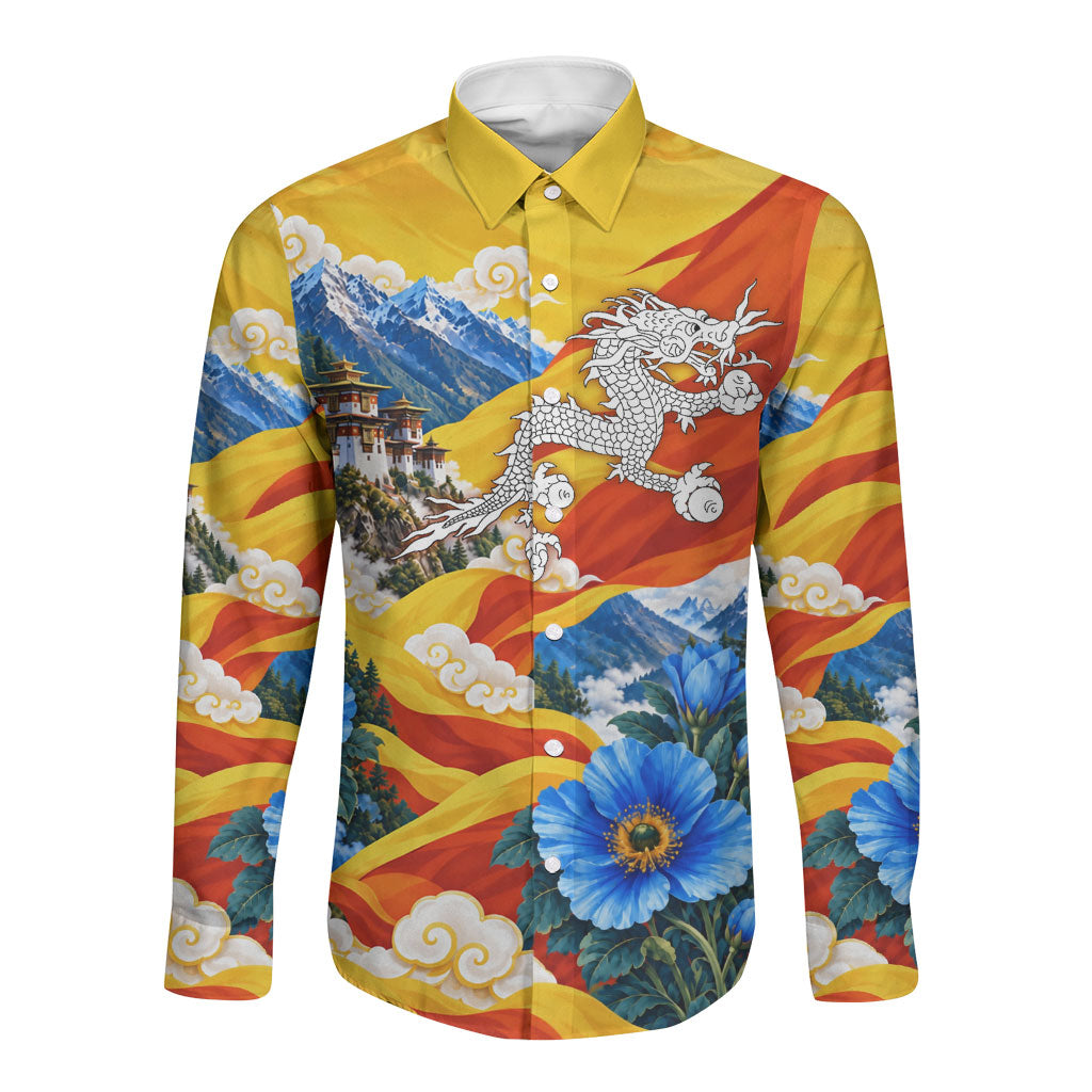 Bhutan National Day Thunder Dragon Long Sleeve Button Shirt Himalayan Blue Poppy Traditional Art