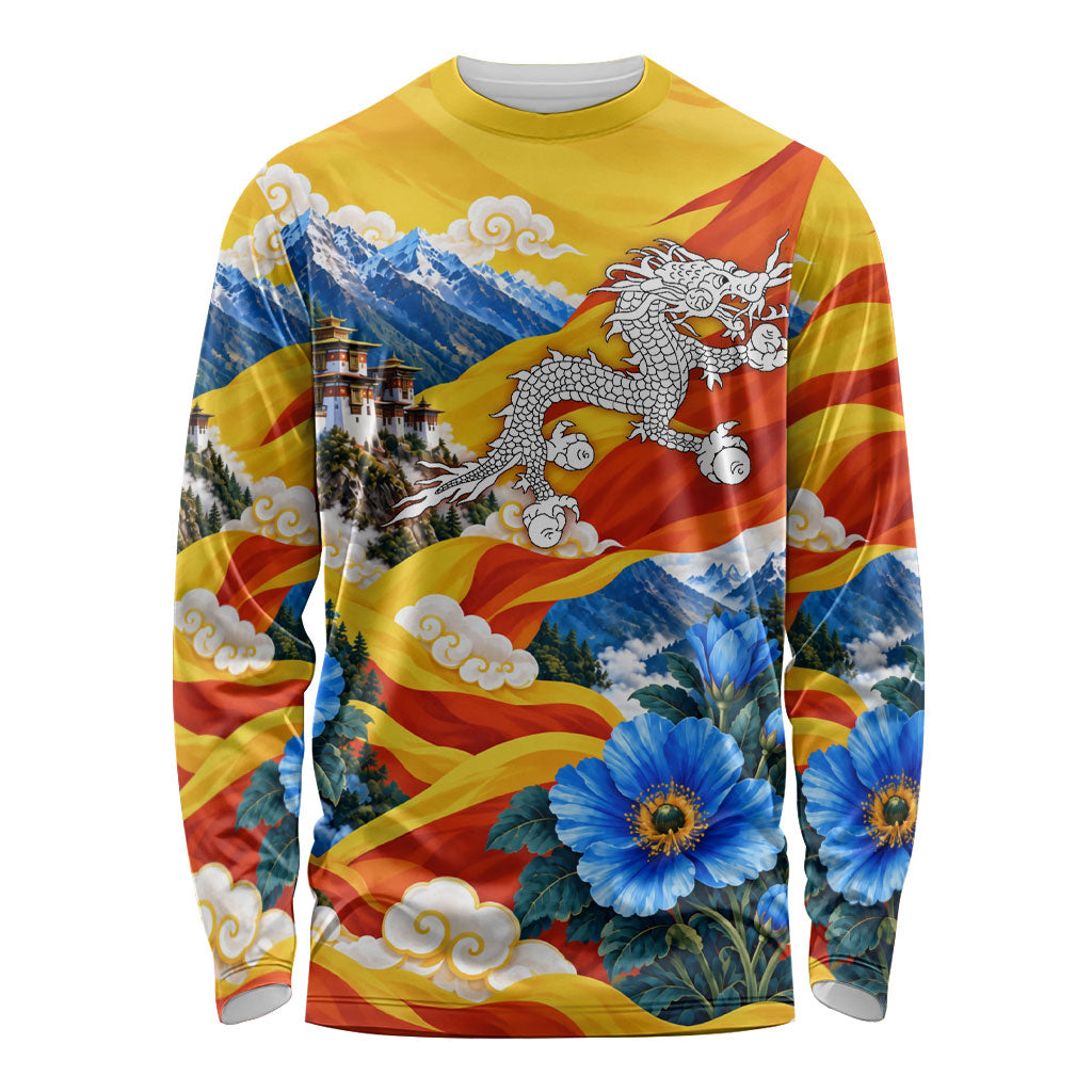Bhutan National Day Thunder Dragon Long Sleeve Shirt Himalayan Blue Poppy Traditional Art