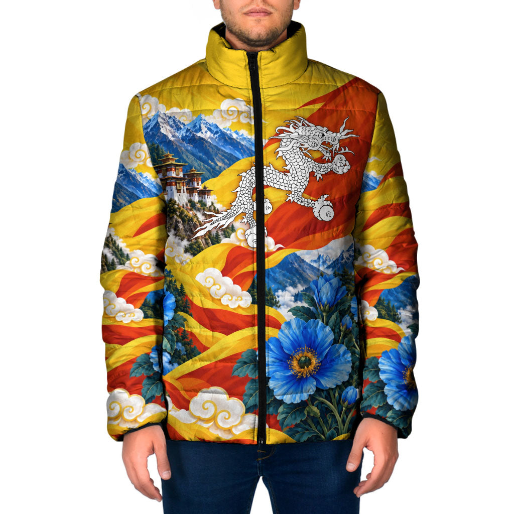 Bhutan National Day Thunder Dragon Padded Jacket Himalayan Blue Poppy Traditional Art