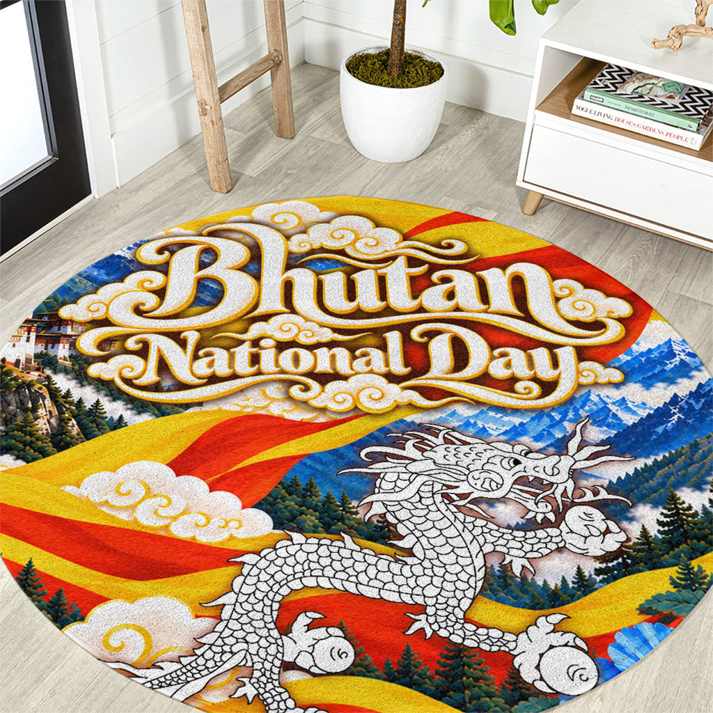 Bhutan National Day Thunder Dragon Round Carpet Himalayan Blue Poppy Traditional Art