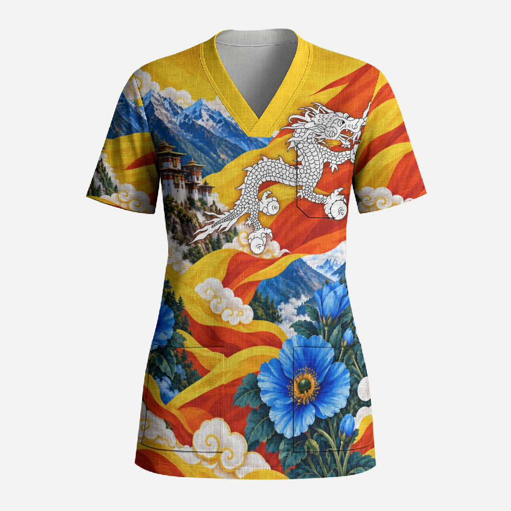 Bhutan National Day Thunder Dragon Scrub Top Himalayan Blue Poppy Traditional Art
