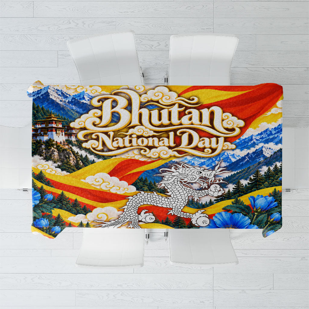 Bhutan National Day Thunder Dragon Tablecloth Himalayan Blue Poppy Traditional Art