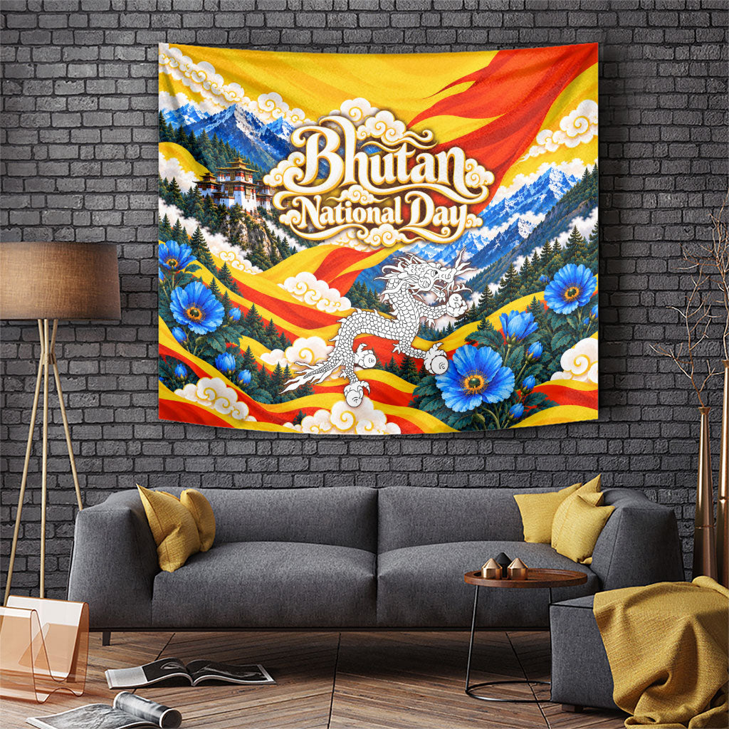 Bhutan National Day Thunder Dragon Tapestry Himalayan Blue Poppy Traditional Art