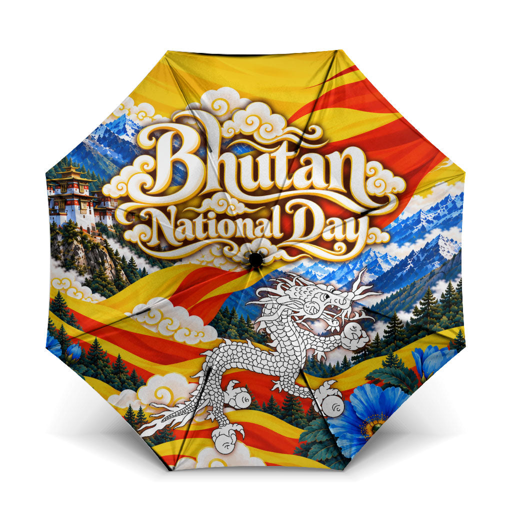 Bhutan National Day Thunder Dragon Umbrella Himalayan Blue Poppy Traditional Art