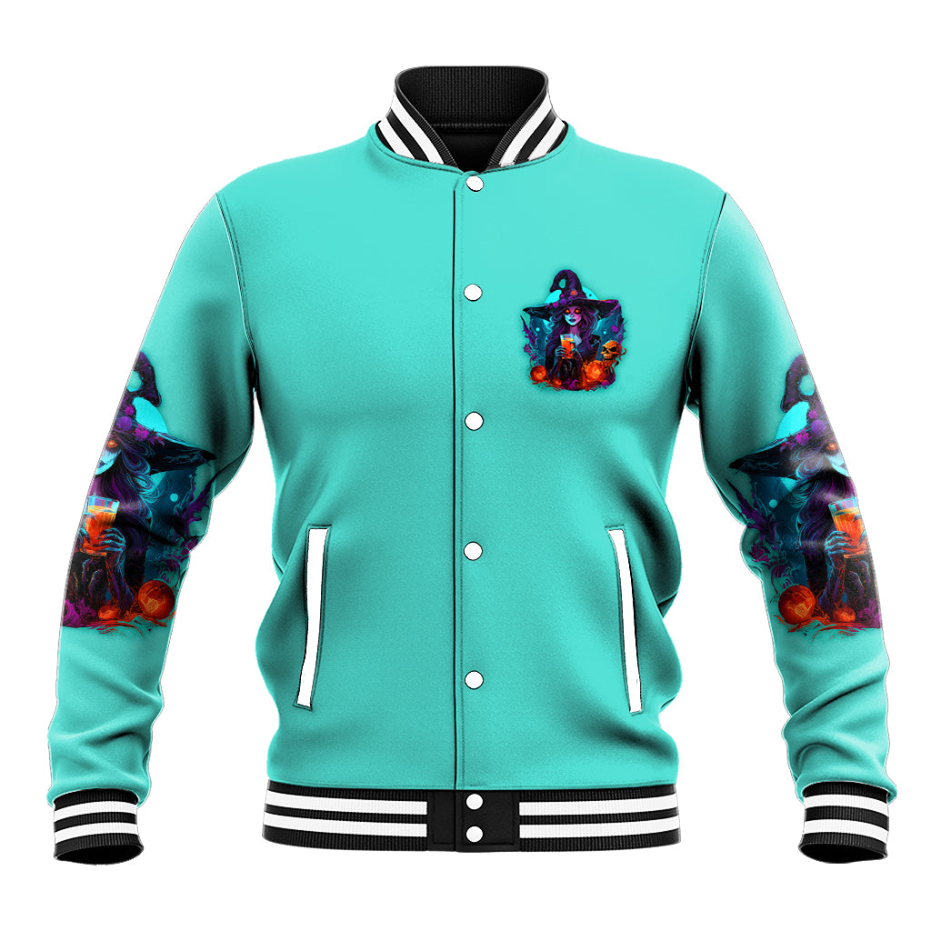 Unisex teal varsity baseball jacket with snap-button front, striped cuffs, witch graphic patch