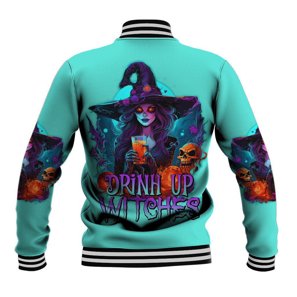 Unisex teal Halloween baseball jacket with graphic witch and text, striped ribbed collar