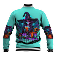 Unisex teal Halloween baseball jacket with graphic witch and text, striped ribbed collar