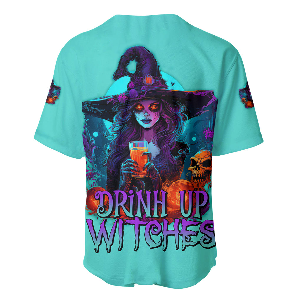 Turquoise Halloween baseball jersey with witch graphic and skulls on the back