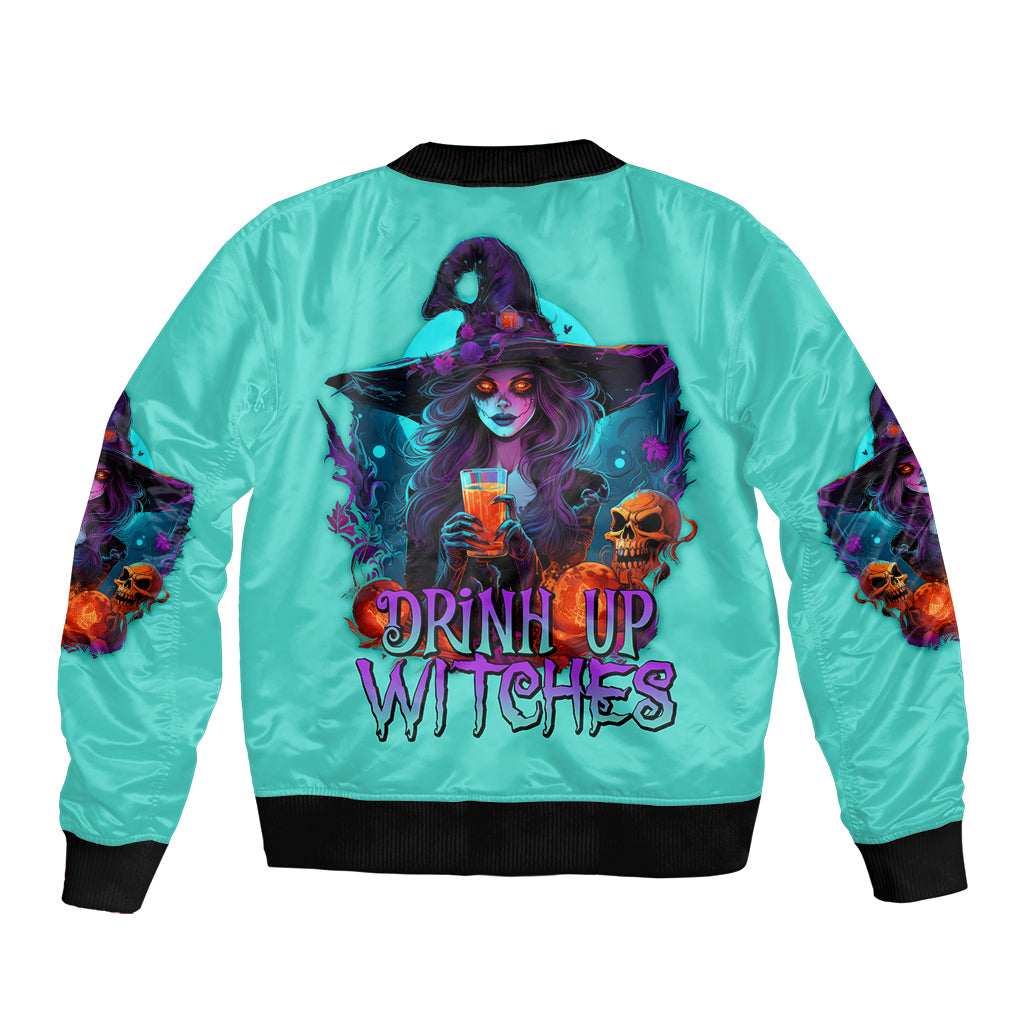 Unisex turquoise bomber jacket with black ribbing and back 'Drink Up Witches' print