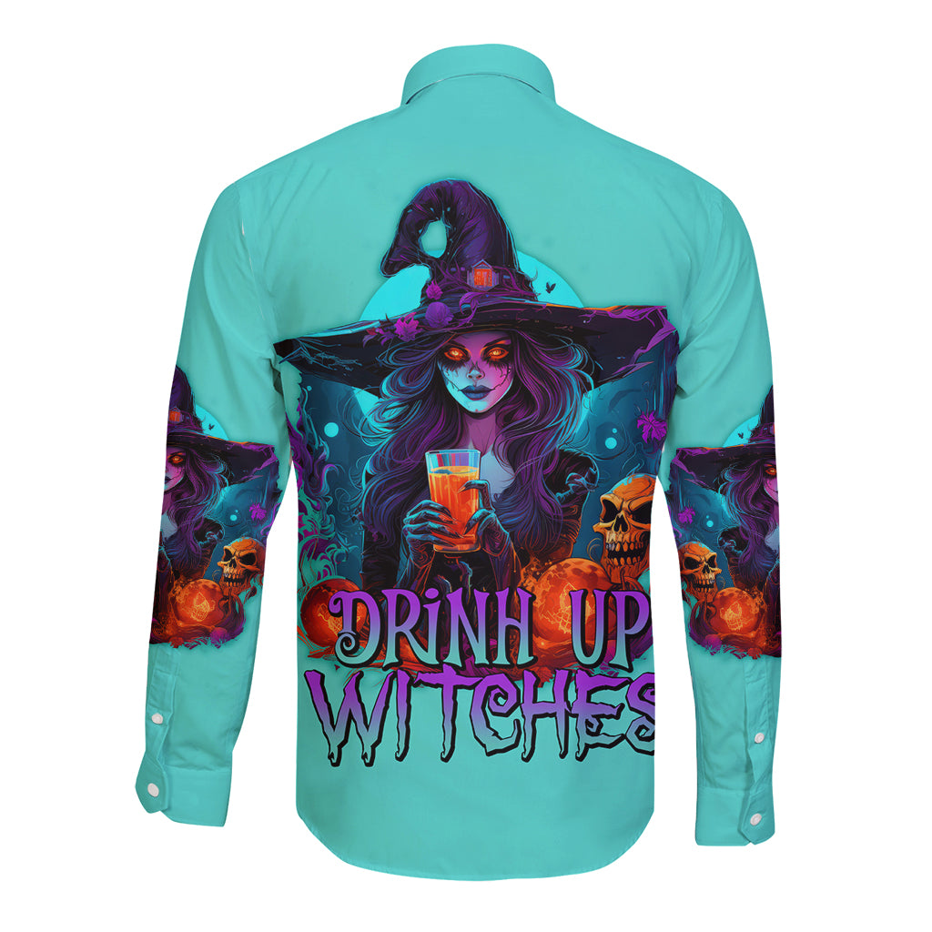 Teal long-sleeve button shirt with large back witch graphic and Drink Up Witches text