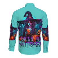 Teal long-sleeve button shirt with large back witch graphic and Drink Up Witches text