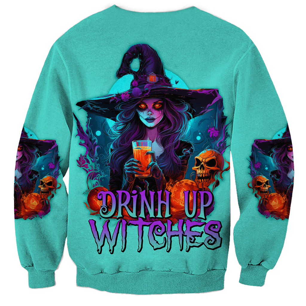 Unisex teal Halloween sweatshirt with witch graphic and Drink Up Witches print